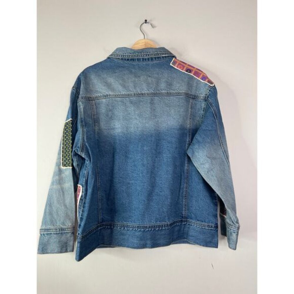 NWT Found Kantha Patchwork Denim Collared Neckline Trucker Button Jacket Blue - Picture 6 of 7